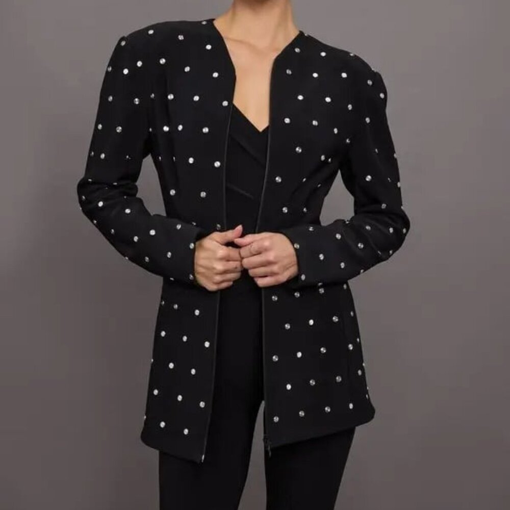 New Norma Kamali Long Sleeve Shoulder Pad V Neck Zip Front Jacket in Black dress